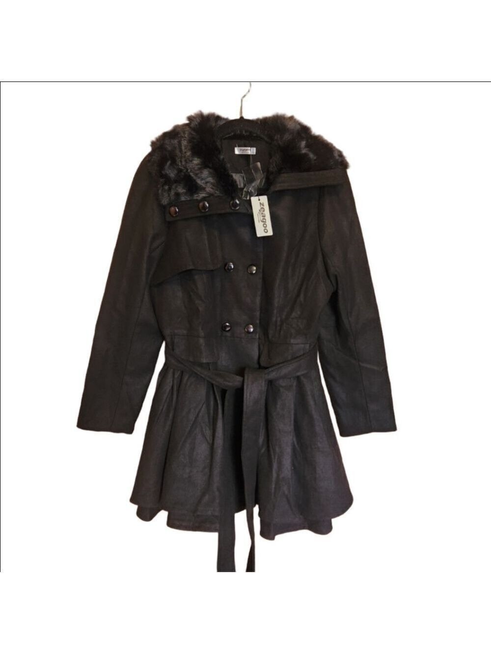 BLACK FAUX FUR COLLARED DOUBLE BREASTED FLARE BOTTOM TRENCH COAT MEDIUM NWT - Picture 8 of 8